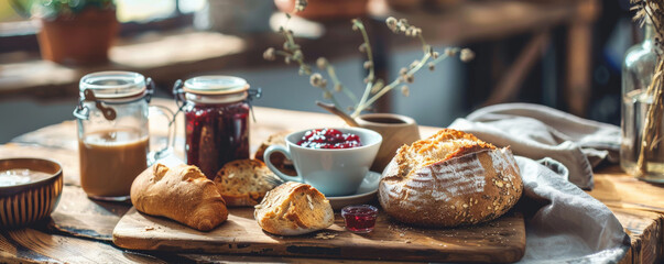 A cozy breakfast setting with various bread, jam jars, and a cup of coffee on a wooden table. Warm, inviting colors create a homely feel.