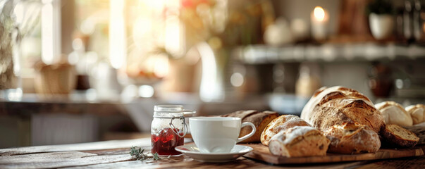 A cozy breakfast setting with various bread, jam jars, and a cup of coffee on a wooden table. Warm, inviting colors create a homely feel.