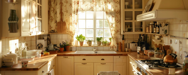 A cozy kitchen with cream-colored cabinets, wooden countertops, and floral curtains, creating a warm and inviting space.