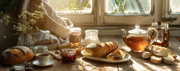 A cozy breakfast setting with various bread, jam jars, and a cup of coffee on a wooden table. Warm, inviting colors create a homely feel.