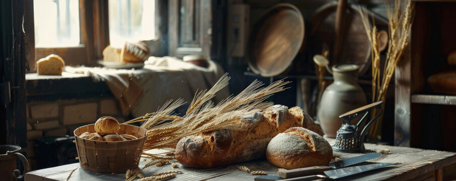 A country-style kitchen table with assorted bread, a vintage bread knife, and a bunch of dried wheat. The scene features warm, inviting colors to evoke nostalgia.
