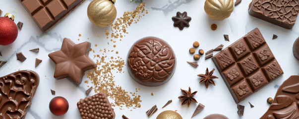A festive chocolate-themed scene with an array of holiday chocolate shapes arranged on a white marble surface with a sprinkling of gold dust and festive decorations.