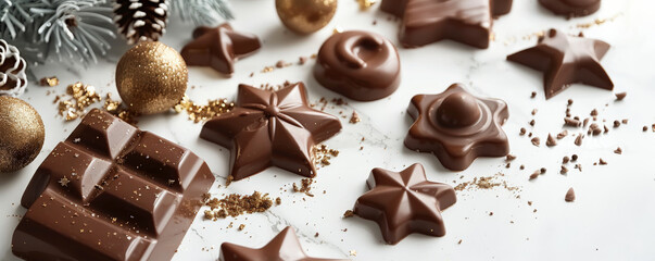 A festive chocolate-themed scene with an array of holiday chocolate shapes arranged on a white marble surface with a sprinkling of gold dust and festive decorations.