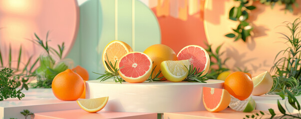 A fresh and vibrant podium scene with a white podium surrounded by citrus fruits and herbs. The background features a bright and cheerful color palette with geometric shapes.