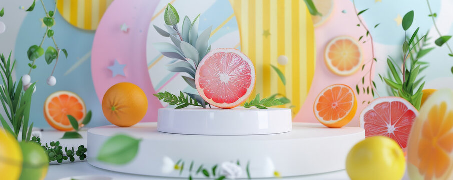 A fresh and vibrant podium background with a white podium surrounded by citrus fruits and herbs. The backdrop features bright, cheerful colors and geometric patterns.