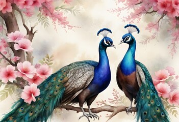 Obraz premium Peacocks in a Watercolor Garden of Pink Blossoms