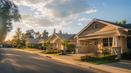 Naklejka premium A tranquil early morning scene with a sandy beige Craftsman style house under the soft light of dawn, 
