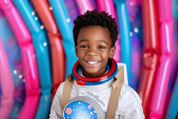 smiling happy little black boy wearing astronaut costume in galaxy themed children party