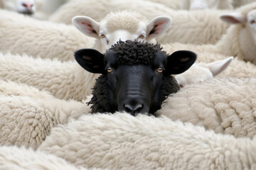 Naklejka premium A single black sheep looks out from a crowd of white sheep