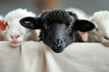 A black sheep looks out from behind two white sheep, its dark face and brown eyes standing out against the white fur