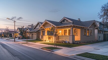 The soft glow of dawn highlighting the architectural details of a sandy beige Craftsman style house, with empty suburban streets around, 
