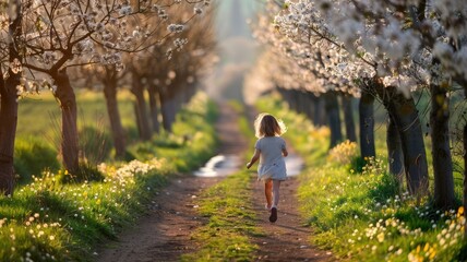 Child running on path through blossoming orchard