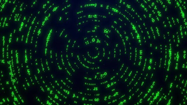 Matrix Code Circle Animation On Black Background. Matrix Binary Code Falling On Circle Shape Motion Background. Matrix Code Animated On Circle Shape On Black Background 