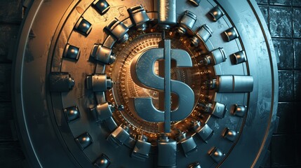 Fototapeta premium A large, metal vault door with a dollar sign in the center. The door is closed and appears to be very secure.