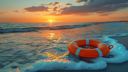 Naklejka premium Rescue buoy on the beach in the afternoon.