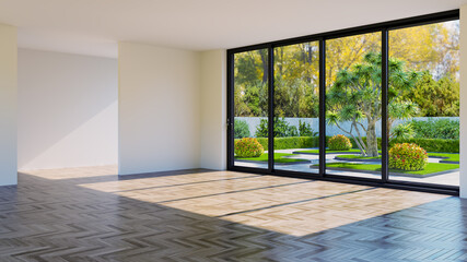 Large luxury modern bright interiors Living room mockup illustration 3D rendering image