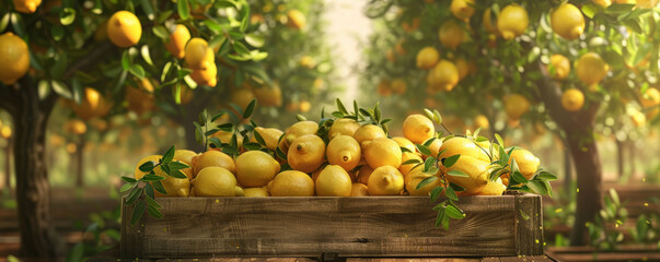 A rustic lemon-themed podium background with a wooden crate podium filled with freshly picked lemons and lemon balm herbs. The backdrop features lemon trees in a sunny orchard setting.