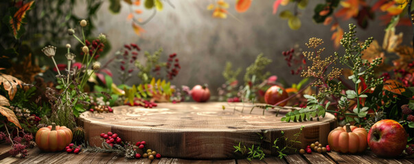 A rustic podium background with a wooden podium surrounded by autumnal fruits and herbs. The backdrop includes warm, earthy colors and natural textures.