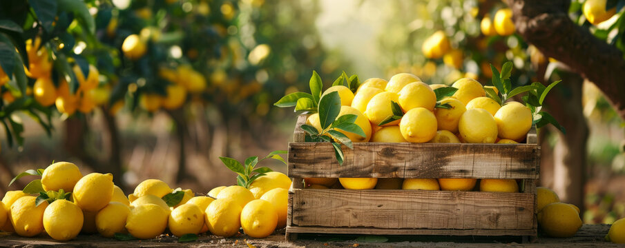 A rustic lemon-themed podium background with a wooden crate podium filled with freshly picked lemons and lemon balm herbs. The backdrop features lemon trees in a sunny orchard setting.