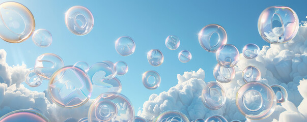 A surreal podium balloon background featuring a podium made entirely of transparent balloons, floating above a field of oversized, floating balloon letters and numbers. The backdrop is a clear blue
