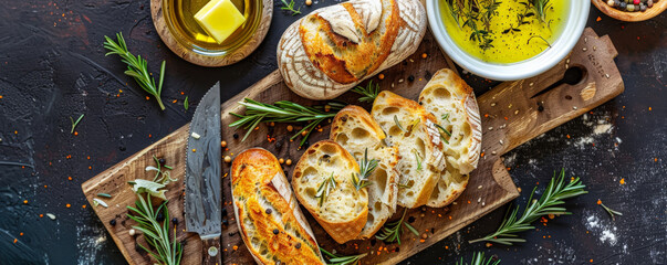 A top-down view of a wooden board filled with different types of bread, a butter knife, and a small bowl of olive oil. The colors are earthy and warm, creating a rustic feel.