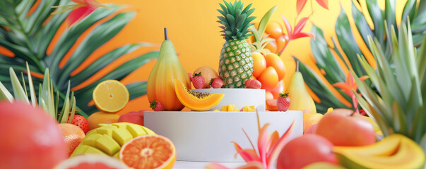 Obraz premium A vibrant fruit podium scene with a modern, white podium surrounded by tropical fruits like pineapples and mangoes. The backdrop features bright colors and tropical leaves.