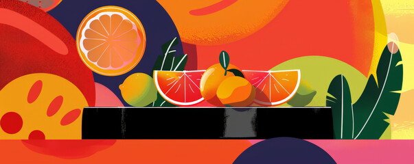 A vibrant fruit-themed podium scene with a sleek, black podium adorned with an assortment of citrus fruits. The background is bright and cheerful with abstract shapes and patterns.