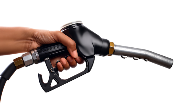 A person's hand holds a fuel nozzle on a transparent background.