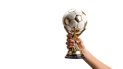 Hand holding golden trophy ball on transparent background.