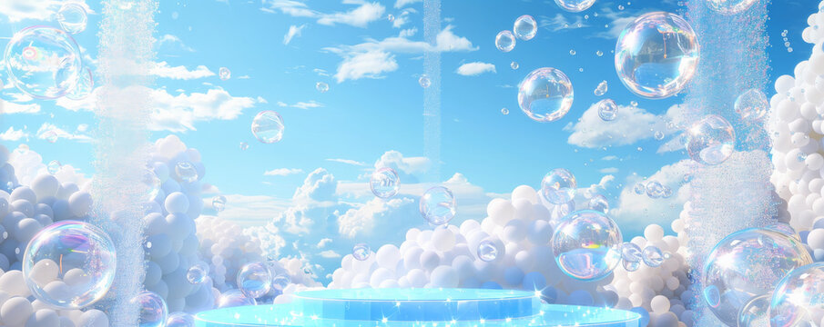 An imaginative podium balloon background with a podium made from crystal-clear balloons filled with glitter, floating amidst cascades of shimmering balloon waterfalls. The backdrop includes a serene,