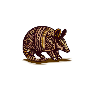 recommend clip art: An vector armadillo with intricate tribal patterns, stylized vector art, bold outlines, rich brown and tan color palette.