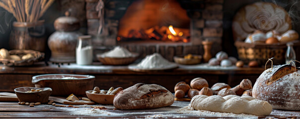 Bread bakery background featuring a rustic table filled with bread-making ingredients, dough, and baking tools, with a backdrop of a wood-fired oven