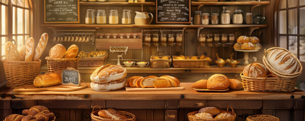 Bread bakery background featuring a vintage bakery shop counter with baskets of bread, chalkboard menus, and a warm, inviting ambiance
