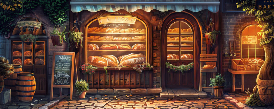 Bread bakery background featuring a quaint bakery storefront with a display of bread loaves in the window, a hanging sign, and a cobblestone path