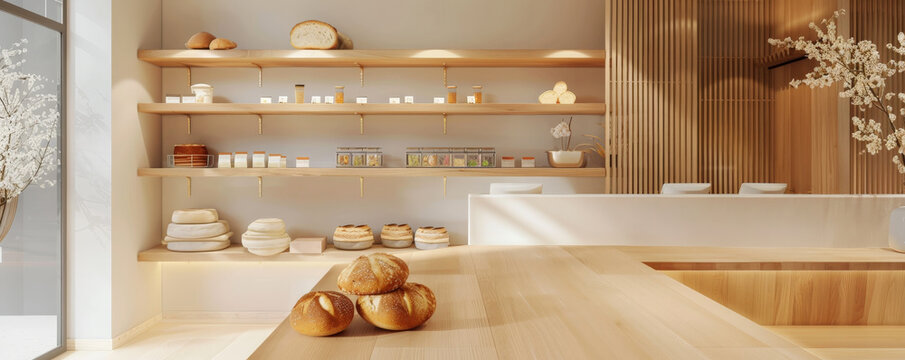 Bread bakery background with a clean, modern bakery interior, showcasing bread loaves on display shelves, a sleek counter, and a minimalist design