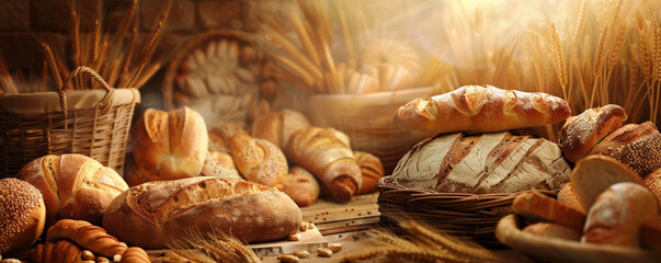 Bread bakery background with a warm, golden-brown color palette, showcasing a variety of bread loaves, wheat stalks, and a cozy, inviting scene