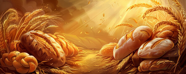 Bread bakery background with a warm, golden-brown color palette, showcasing a variety of bread loaves, wheat stalks, and a cozy, inviting scene
