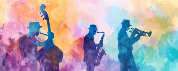 Chill jazz music background with soft pastel tones and watercolor textures. Silhouettes of musicians create a relaxed and dreamy atmosphere.