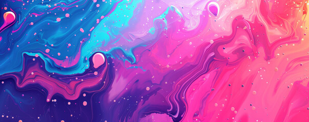Colorful abstract background with vibrant splashes of pink, purple, and blue. The design is playful and energetic, with dynamic shapes and bold contrasts