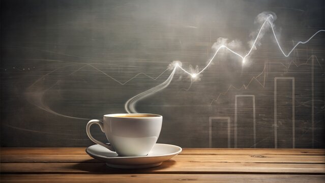Modern Marketing, High Impact SEO and Marketing Strategy, Graphic Hero Image of a cup of coffee with a trail of steam forming a scatter graph with oak and chalk textures