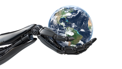 Robot hand holding Earth Isolated on transparent background.