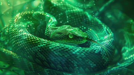 Obraz premium Close-up of shiny, green snake coiled, glowing in mystical forest setting