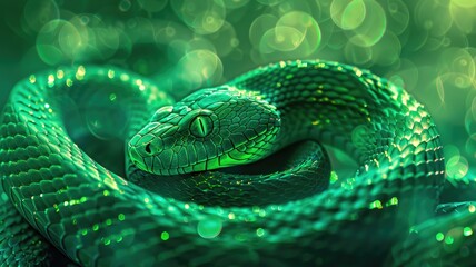 Obraz premium Close-up of vibrant green snake coiled with glittering scales and bokeh effect in background