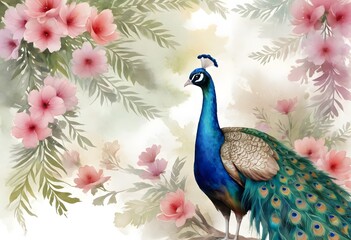 Peacock Amidst Watercolor Blooms