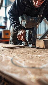 Young carpenter is sawing a plywood sheet with electric jig saw machine in carpentry workshop. Workwood DIY concept.
