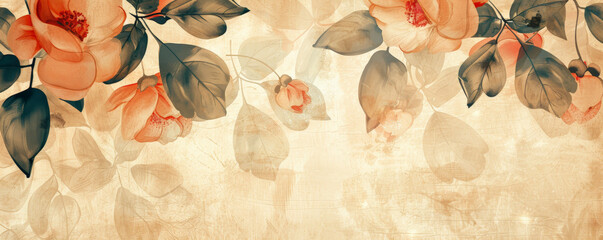 Design art background featuring a vintage-inspired floral pattern in muted earth tones, nostalgic and charming