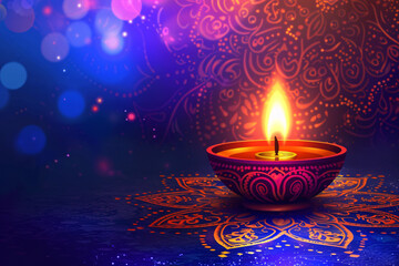 A lit diya lamp with intricate designs surrounded by colorful bokeh lights creating a festive atmosphere