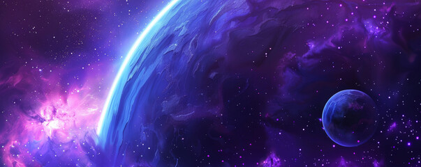 Design art background showcasing a cosmic scene with vibrant purples, blues, and blacks, starry sky elements adding depth