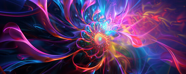 Design art background showcasing a digital fractal design in bright neon colors, complex and mesmerizing