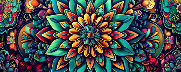 Design art background showcasing a kaleidoscope of bright, psychedelic patterns in contrasting colors, creating a visually stimulating effect